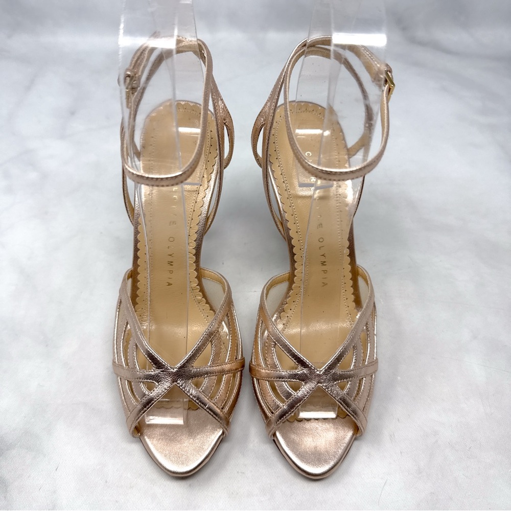 NEW Charlotte Olympia Octavia Spider Web Rose Gold Leather Strappy Sandal Heels